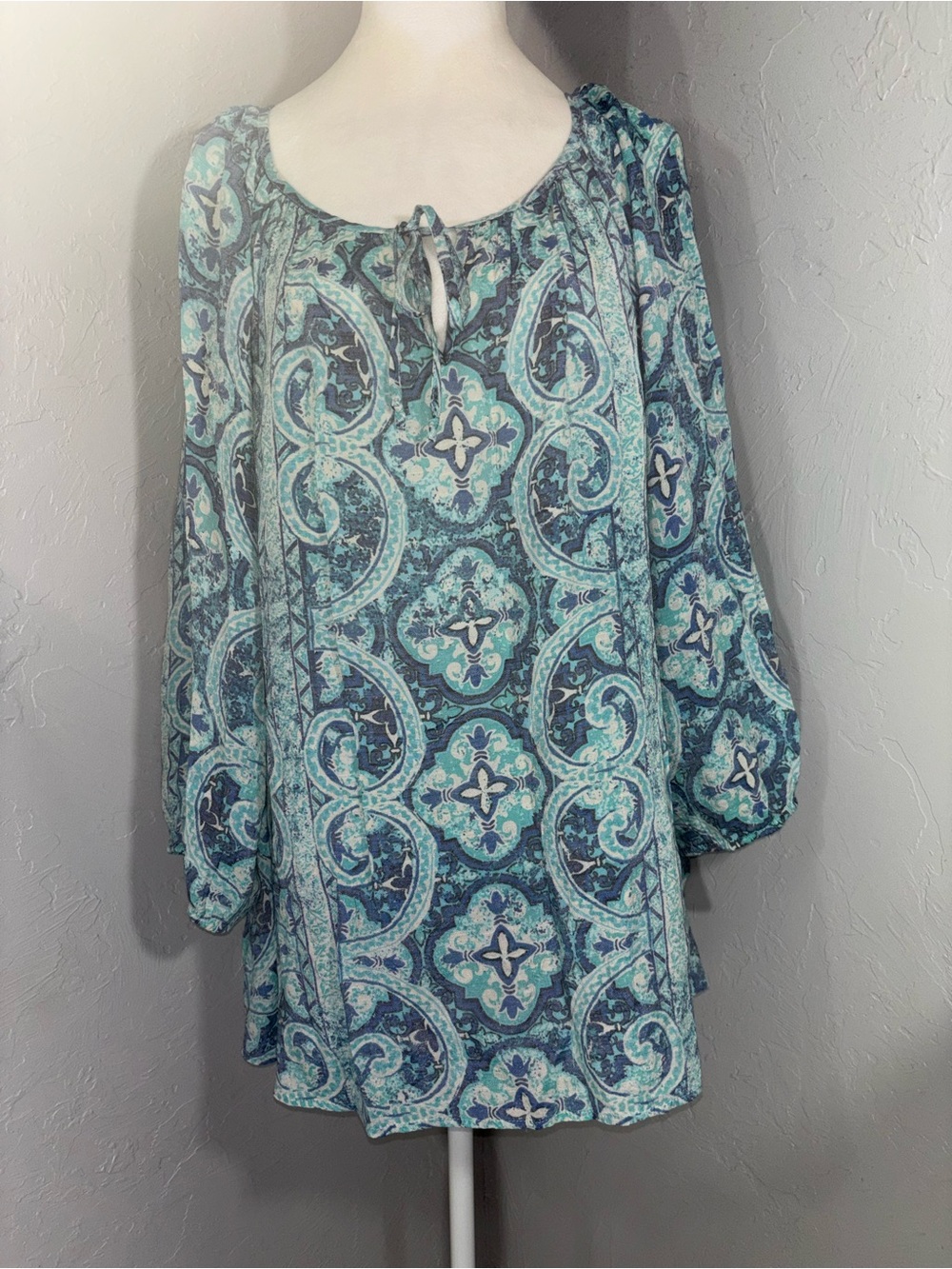 Relaxed Paisley-Print Peasant Blouse in Teal Mix